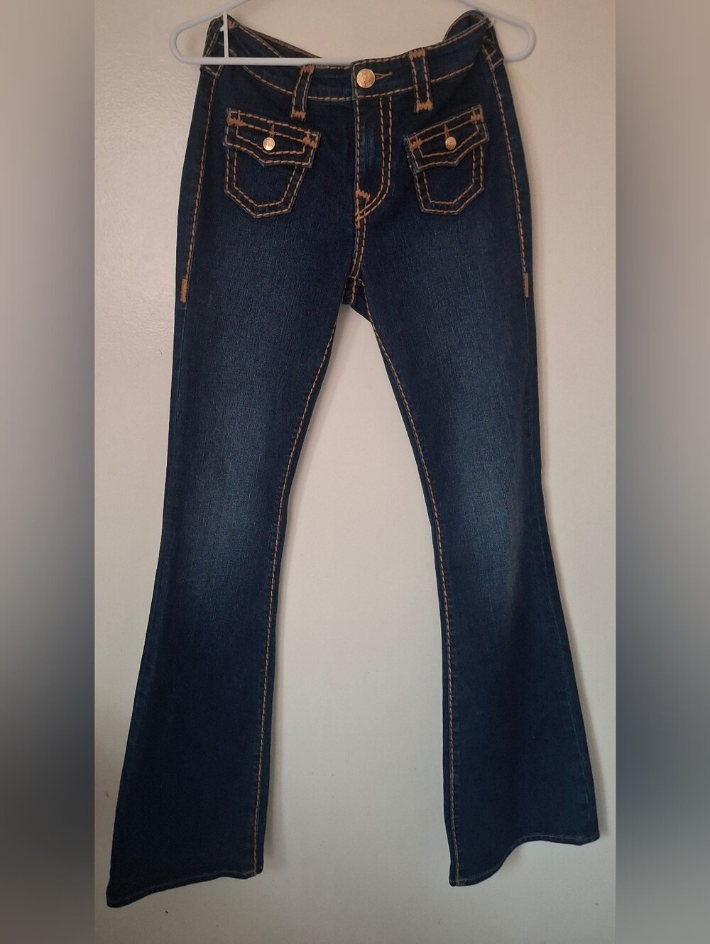 True Religion Dark Blue Flared Jeans with Contrast Stitching